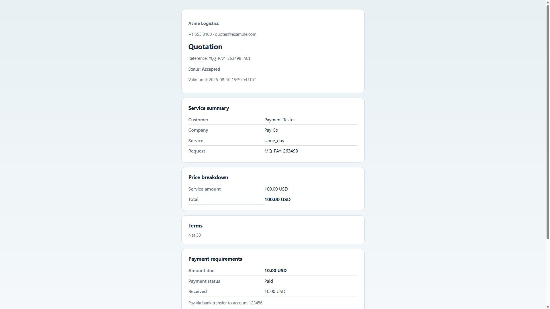 Customer-facing quote page with price breakdown and accept button
