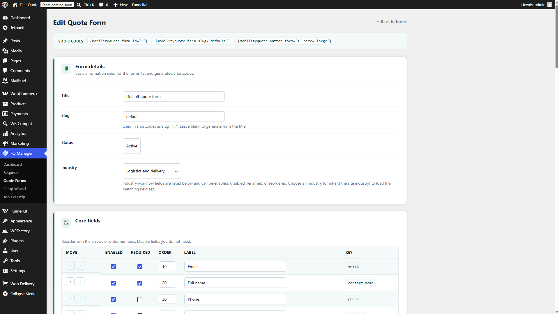 Quote form editor with shortcodes and field configuration