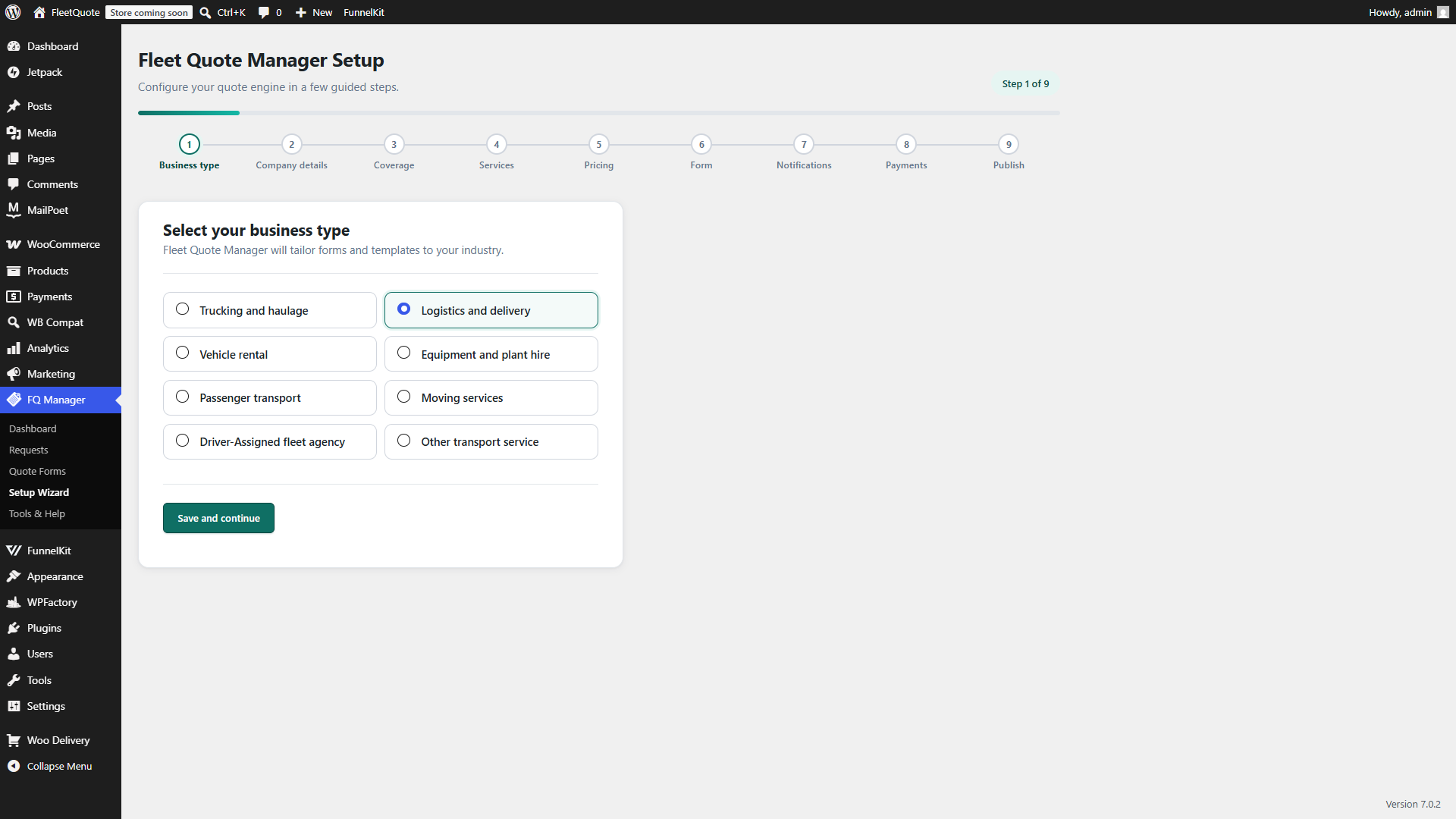 Setup wizard business type step