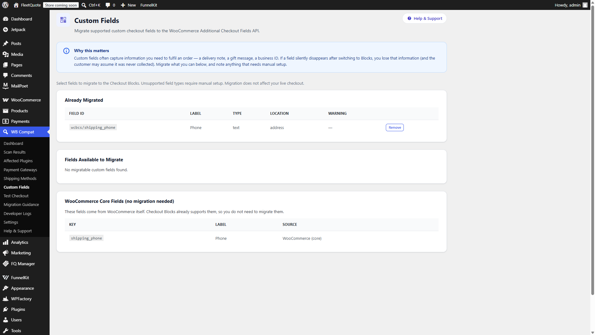 Custom Fields page showing migrated and migratable checkout fields