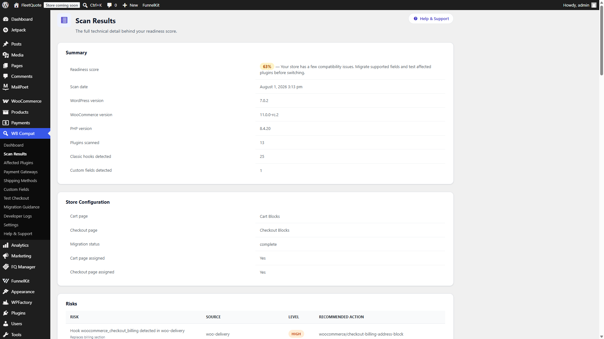 Scan Results page listing detected risks and Classic hooks
