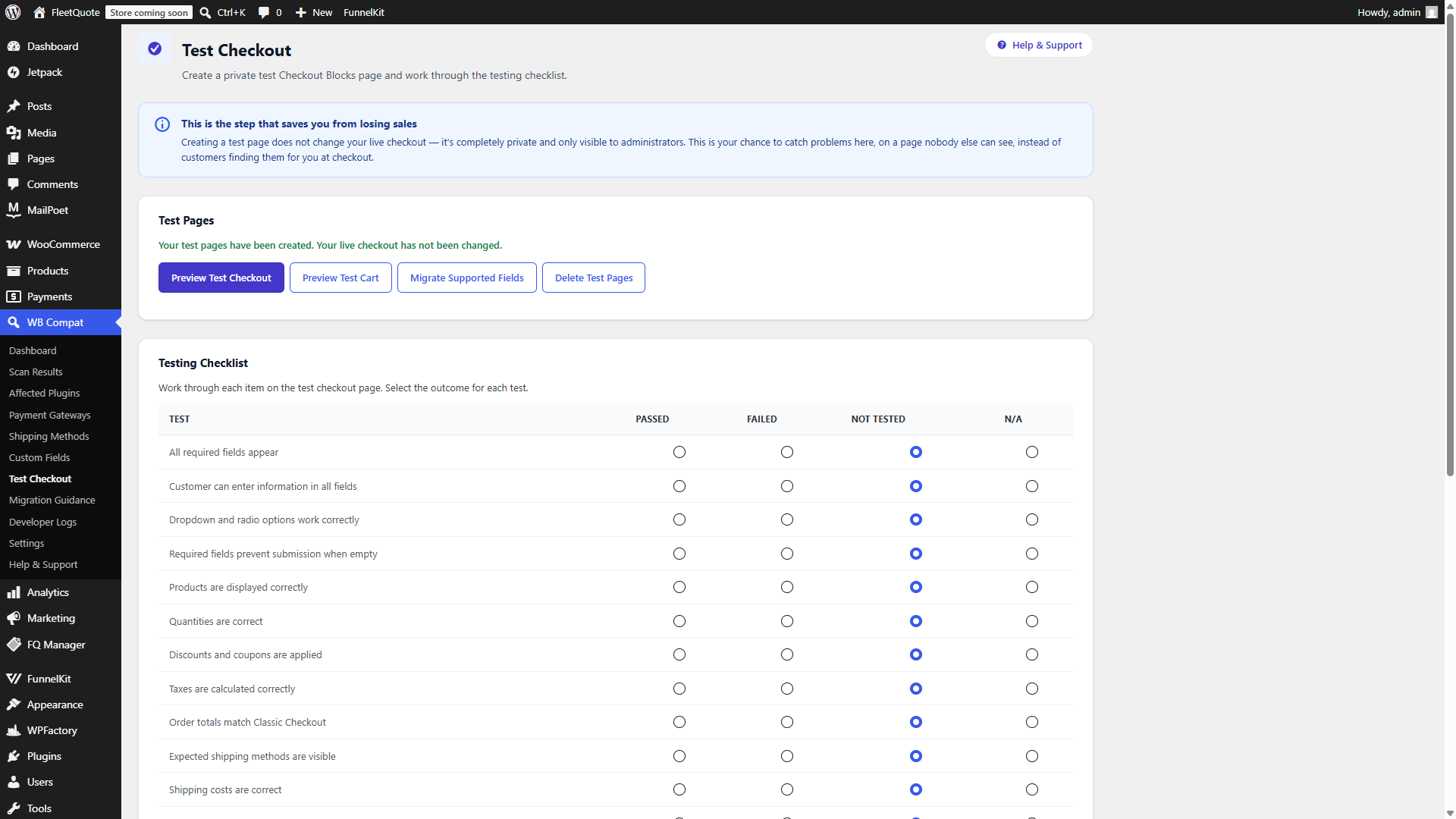 Test Checkout page with a private test page and testing checklist